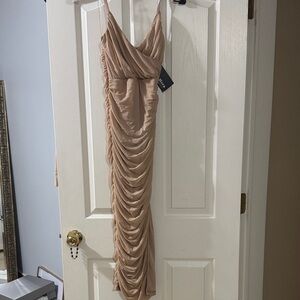 Elegant Ruched Beige Maxi Dress with Spaghetti Straps